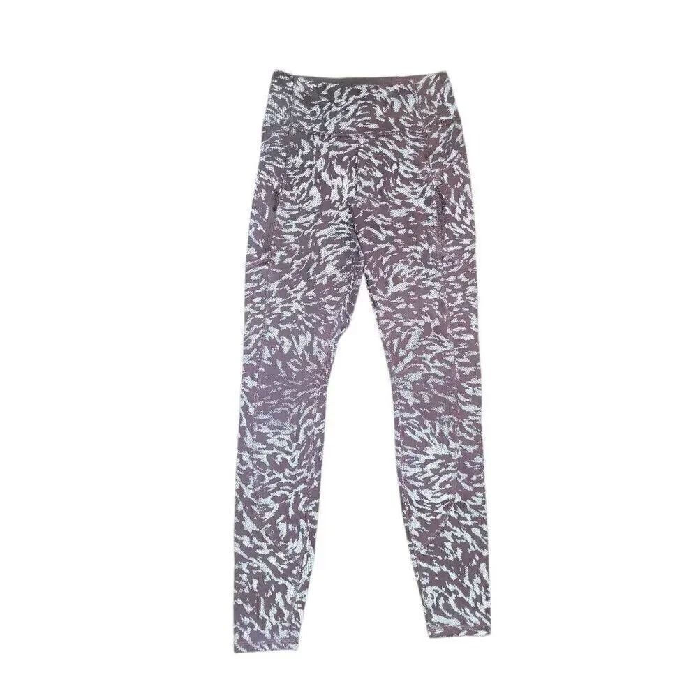 Athleta Rainier Reflective Printed Tight Leggings Brown Zip Pockets Women's XS